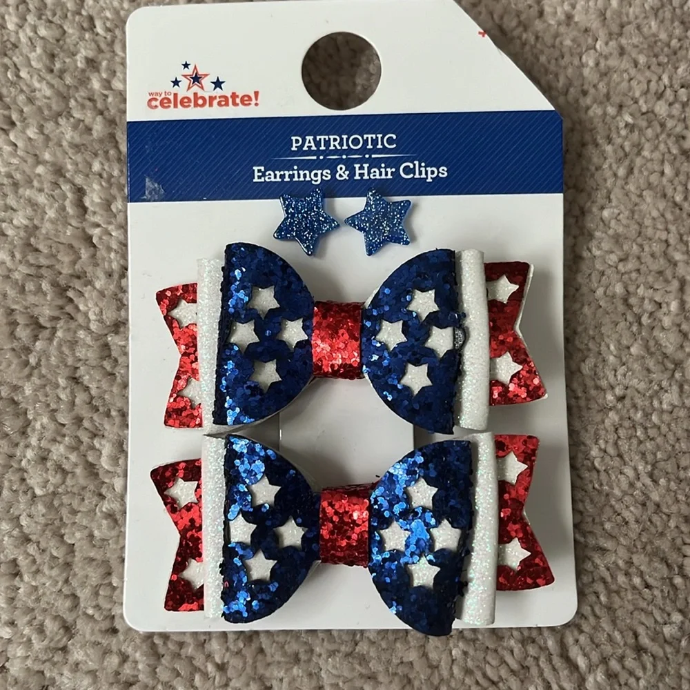 Patriotic earrings, hair clips & earrings & light up necklace